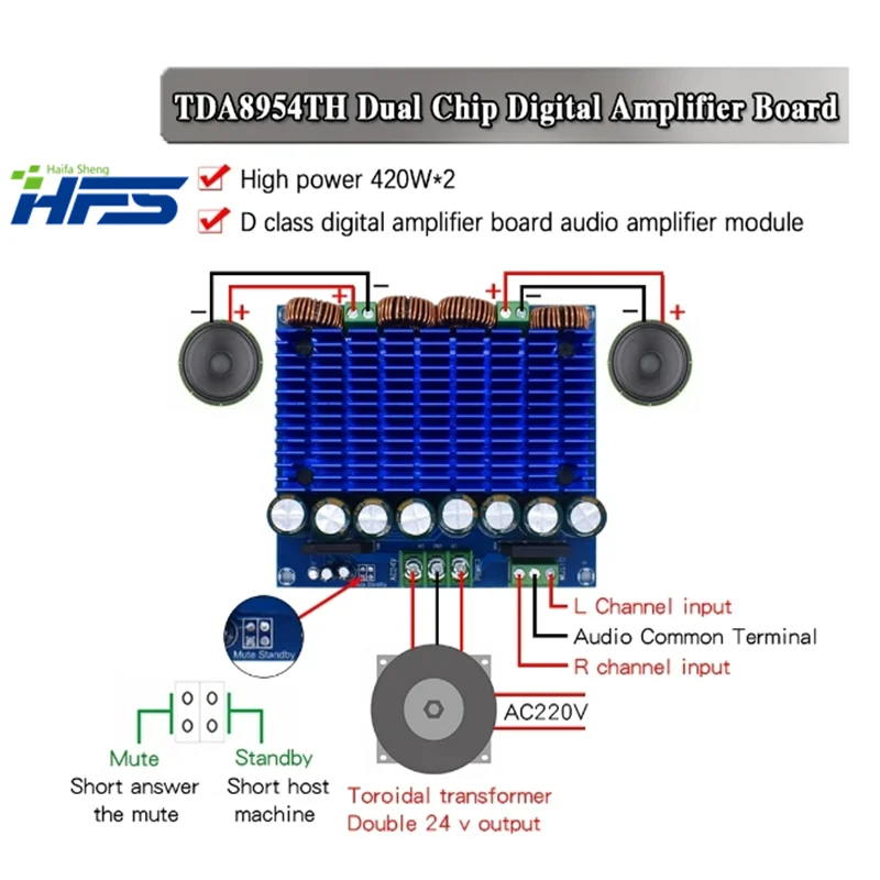 Ultra High Power Digital Amplifier Module AC 24V Stereo TDA8954TH Dual Chip 2x420W XH-M252 Digital Power Amplifier Board