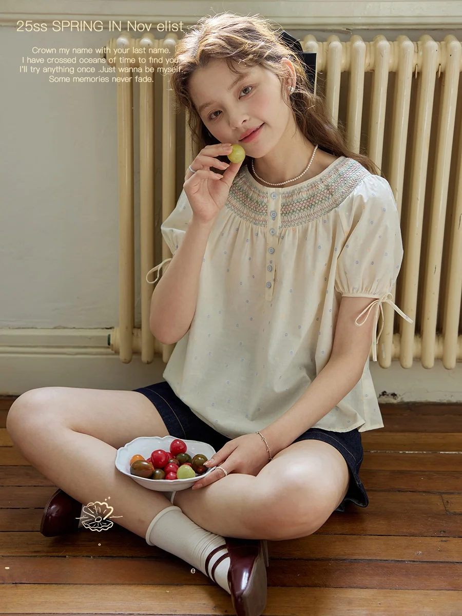 

Nov Et Cheerboard Color Blo Floral Embroidery round Ne Long Sve irt oulder Insert Design Cotton Retro Sle W...