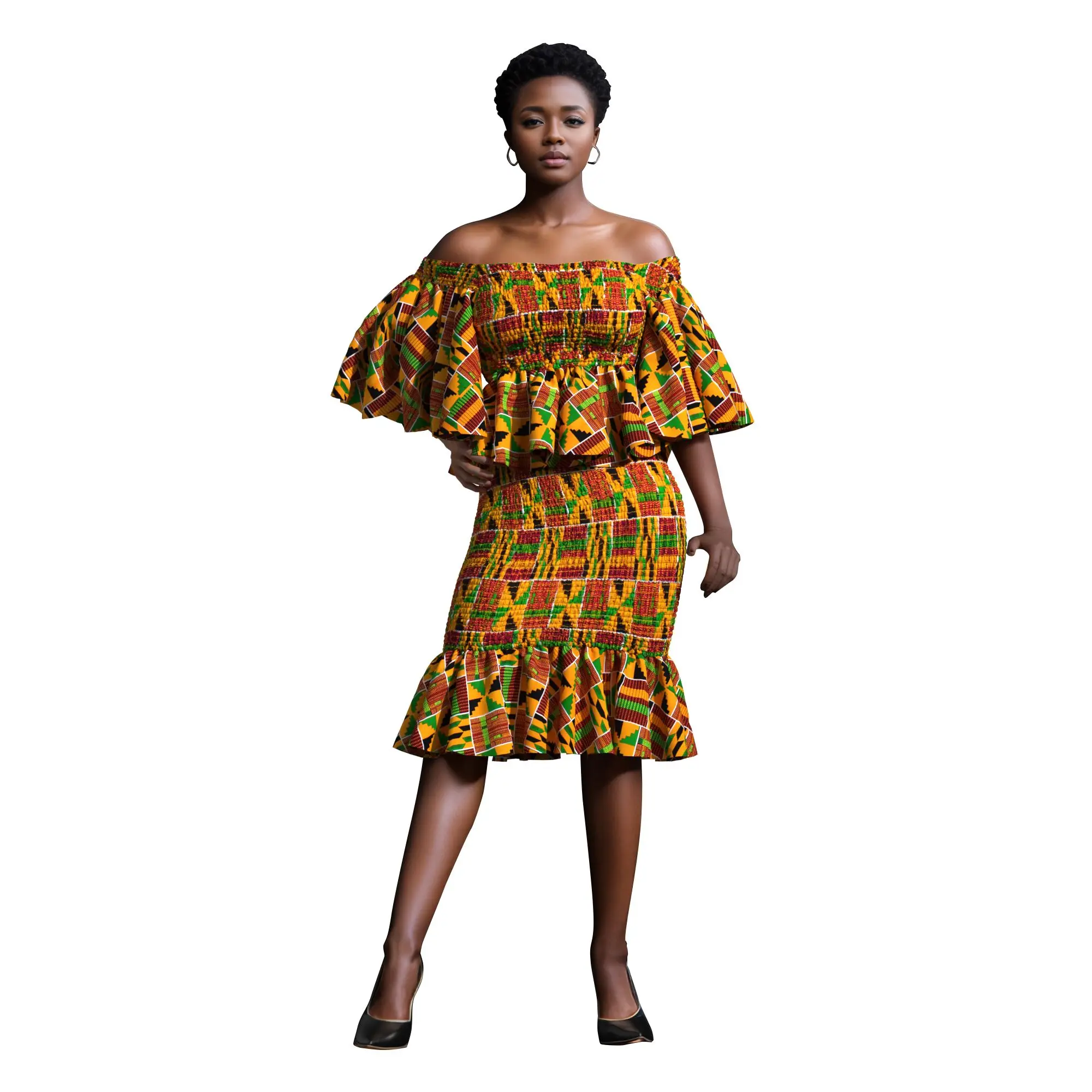 

African Clothes for Women 2 PCS Set Half Sleeve Tops and Skirts Sets Strentch Elastic Suits Match Dashiki Lady Clothing wy11025