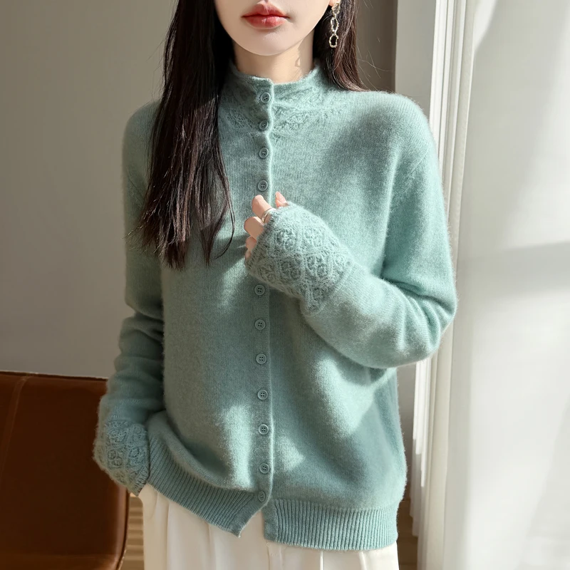 

2024 Fashion 100% Merino Wool Cardigan Women's Mock-neck Sweater Autumn Winter Long Sleeve Warm Cashmere Knitwear Korean Top