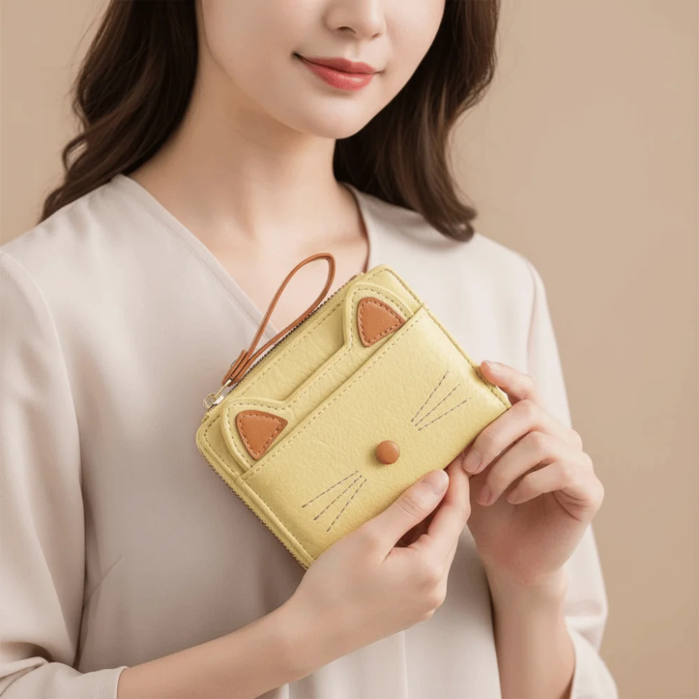 Kawaii Short Cat Wallet Multi Card Position Pu Leather Cartoon Wallet with Lanyard Korean Style Student Card Coin Purse Ladies
