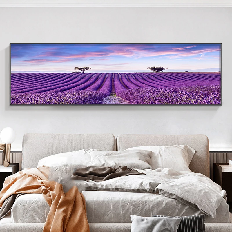 Natural Lavender Field Canvas Painting Purple Flowers Wall HD Pictures Sunset Landscape Posters and Prints for Living Room Decor