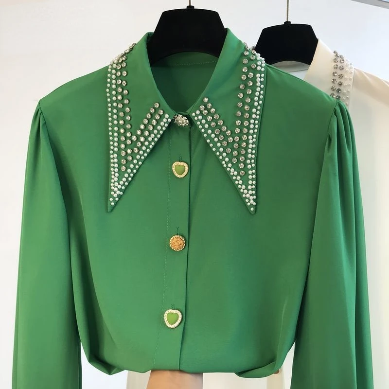 

Elegant Women Rhinestone Chiffon Shirts Pearls Beaded Blouses Spring OL Diamonds Cardigan Long-Sleeved Crop Tops Blusas