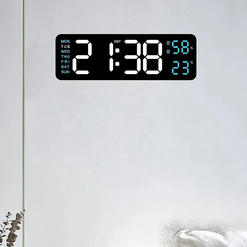 

USB Powered 9 Inch Large Digital Wall Clock Temperature Humidity Week 2 Alarm Auto Dimmer Snooze 12/24H DST Desk LED Alarm Clock