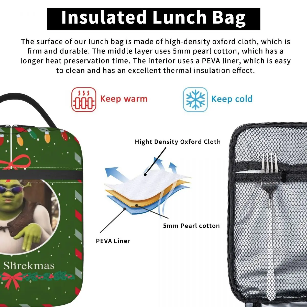 كوميديا عيد ميلاد سعيد Shreks معزول أكياس الغداء حقيبة حرارية قابلة لإعادة الاستخدام حقيبة محمولة علب الاغذية للرجال النساء نزهة الشاطئ