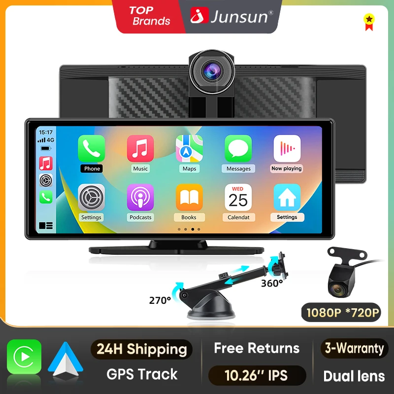 Junsun 10.26" Samochodowy Rejestrator DVR Kamera 4K Bezprzewodowy CarPlay Android Auto Ekran Ai Kamera Samochodowa Podwójny Obiektyw Rejestrator Wideo GPS FM AUX