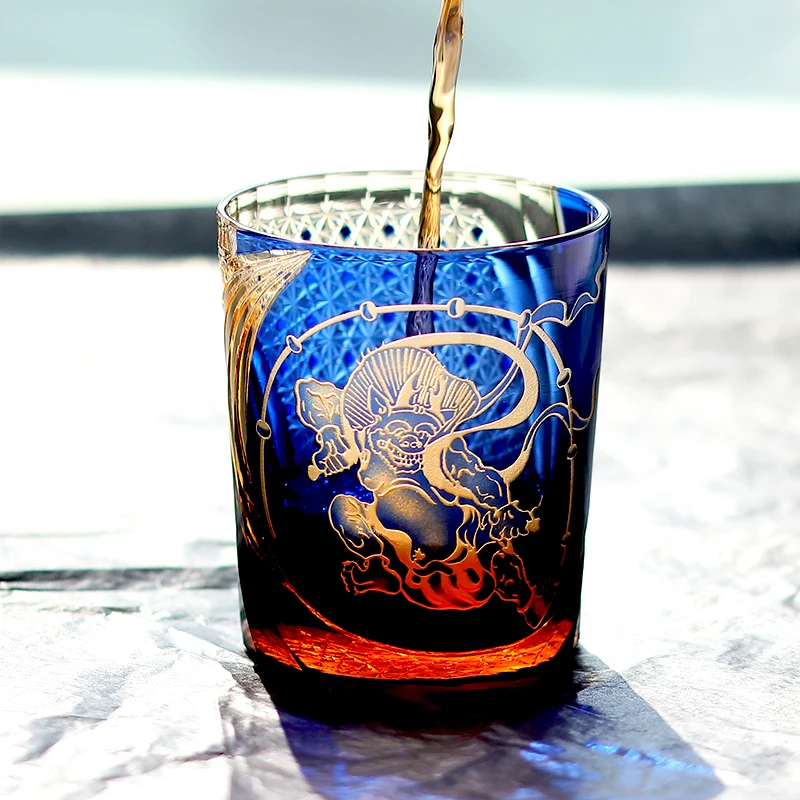 Amber Green Hand Cut Whiskey Glass, Edo Kiriko Style 8.5 oz blue amber layered glass for old fashioned, bourbon scotch home bar