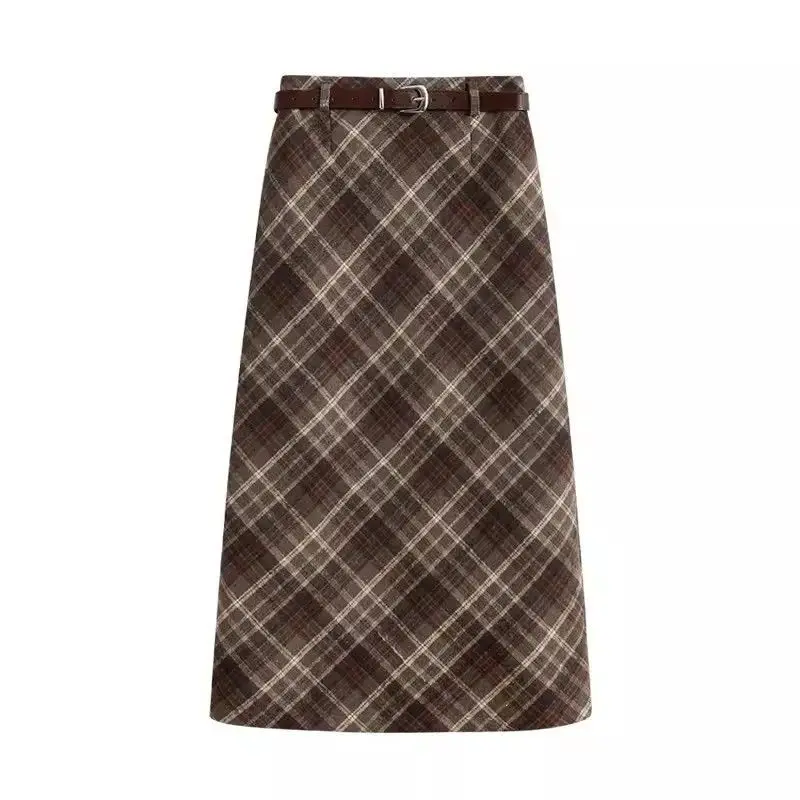 Retro plaid woolen skirt for women in autumn and winter high waist and slim look split mid length A-line wrapped hip skirt