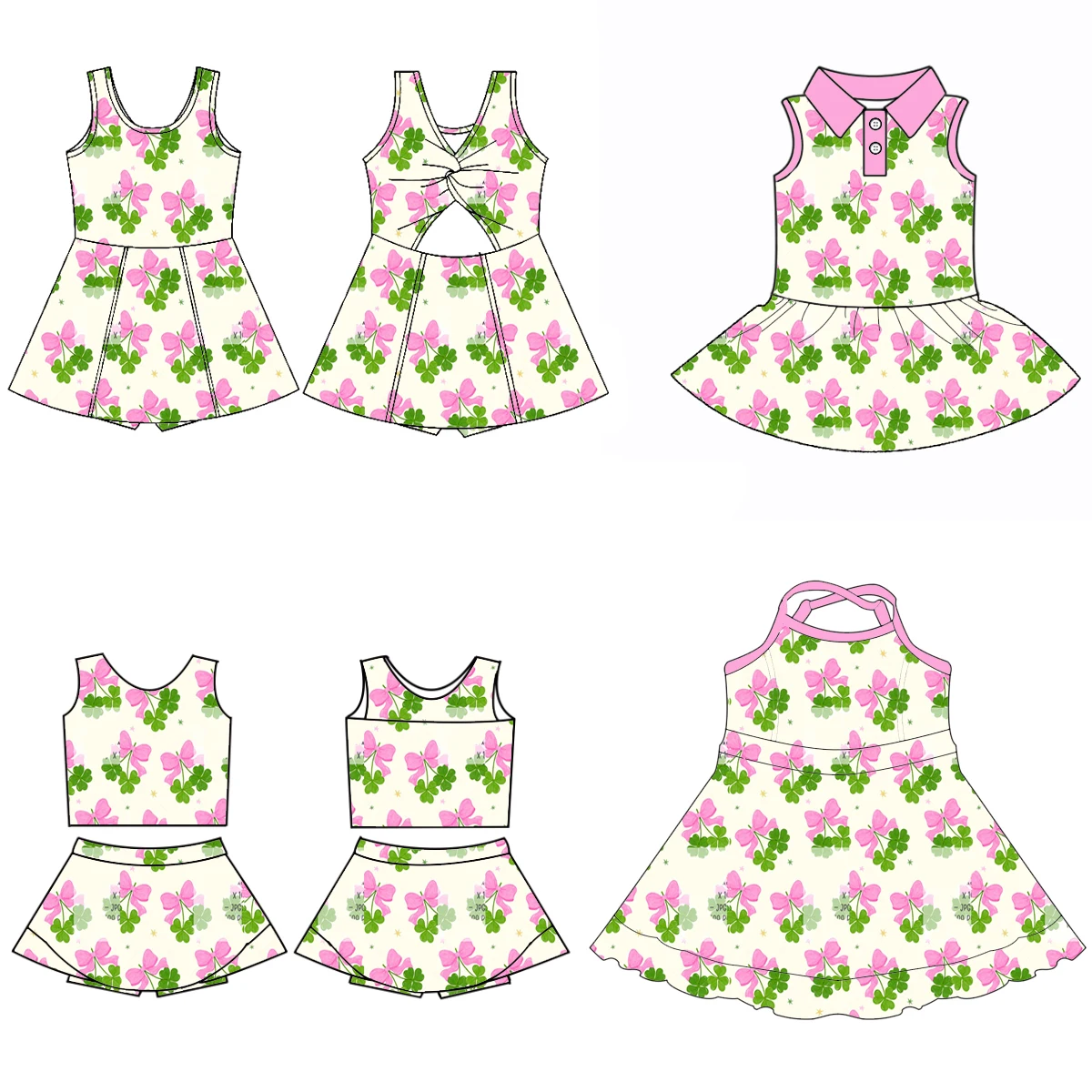 St. Parker's Day Boutique Children's 3-Piece Set Baby Dress with Four-Leaf Clover Bow Print Sleeveless Suspender Skirt And Short