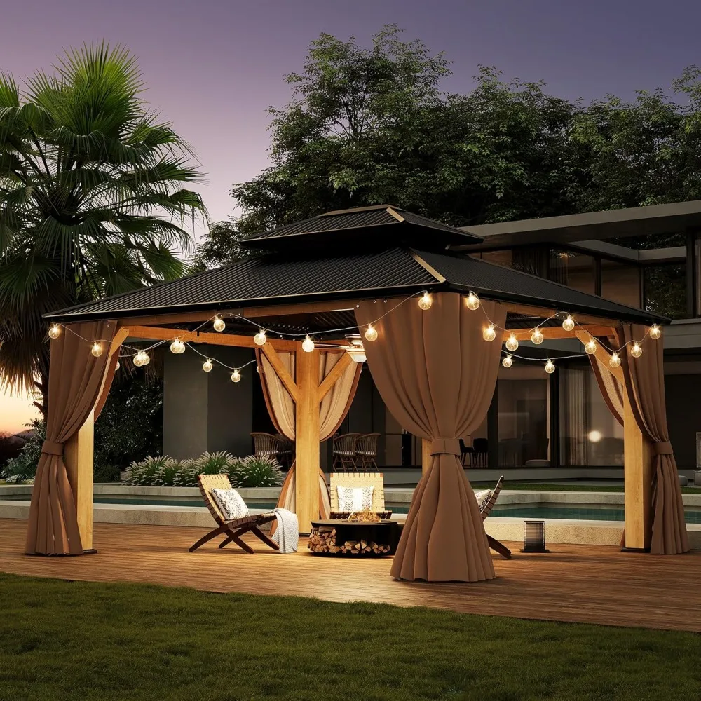 

13‘x15’ Outdoor Wood Gazebo, Wooden Pavilion with Double Galvanized Steel Roof, Hardtop Gazebo with Natural Wood Frame