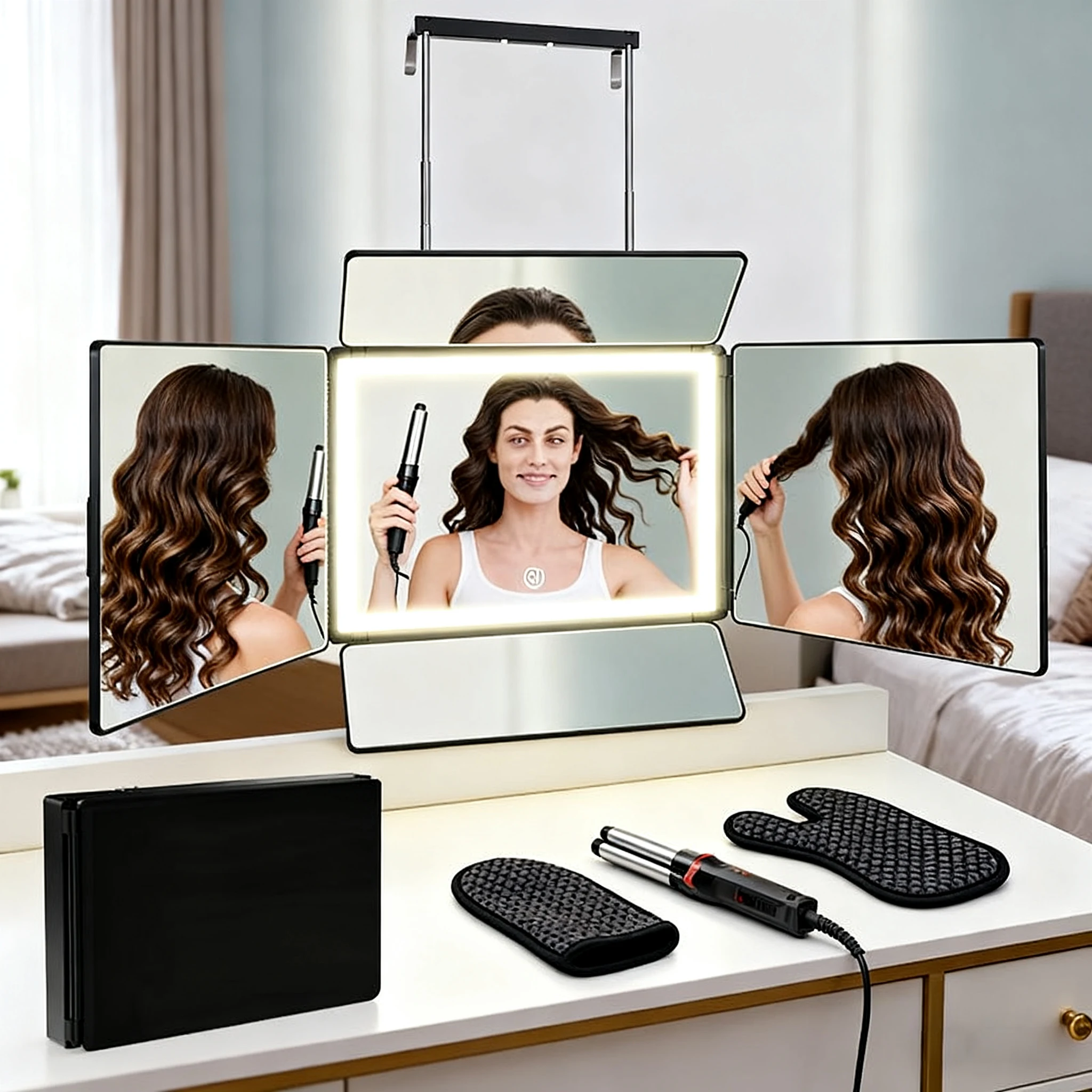 مرآة بخمسة اتجاهات، مرآة شعر متعددة الوظائف - رؤية بخمسة جوانب، مصابيح LED USB، زجاج مضاد للضباب، سهل الاستخدام في أي مكان #1