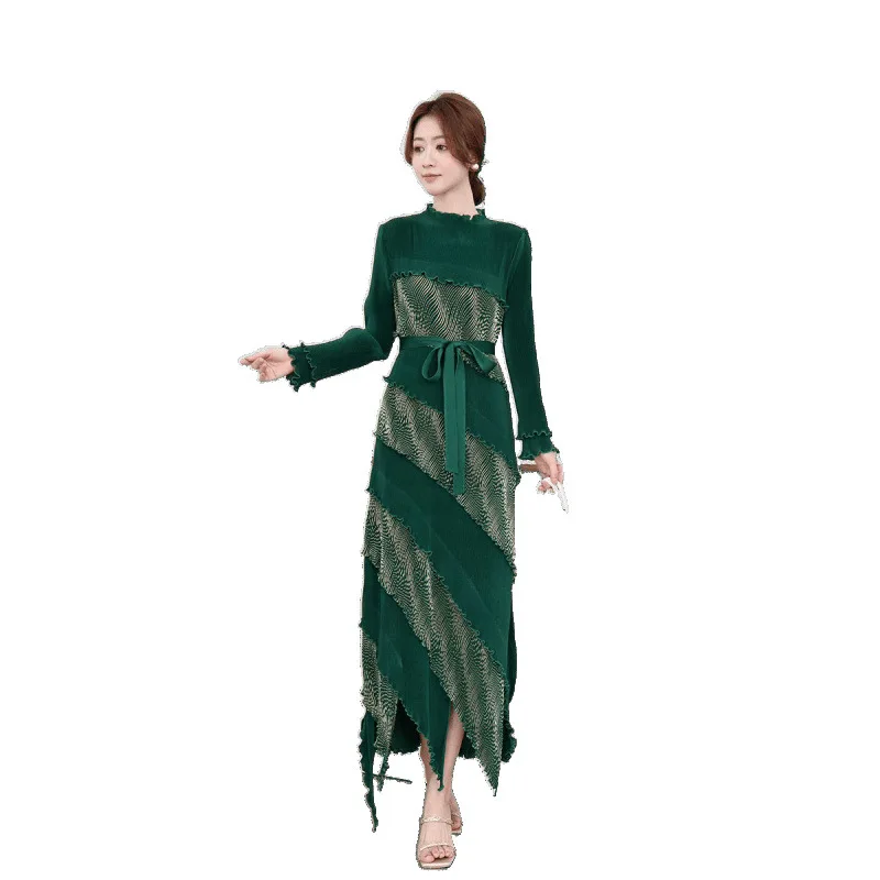 

Long Folded Hem Pure Color Gown with Gold Eming And Saes for Women High Waist Maxi Dr Suitable for Parties And KTV