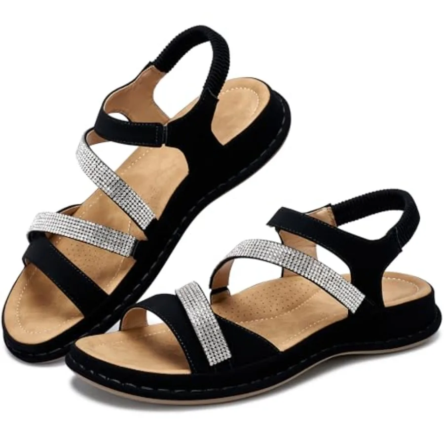 

Womens Sandals Dressy Comfortable: Arch Support Soft Insole Sandal for Women - Rhinestones Casual Walking Summer Shoes