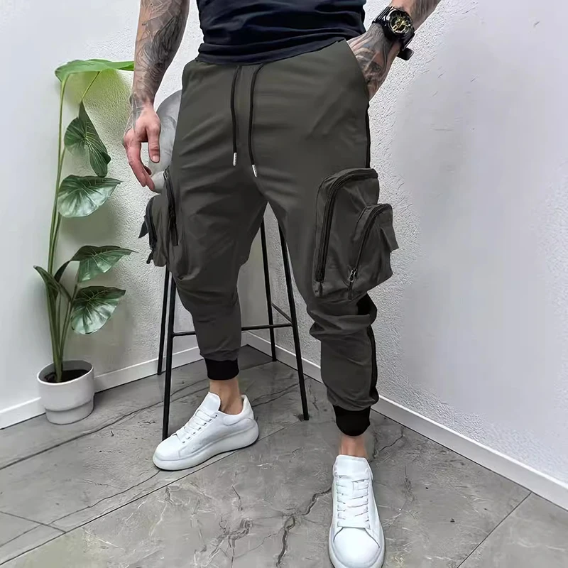 Stylish Patchwork Cargo Pants For Mens 2024 Autumn Casual Sports Fitness Pencil Pants Streetwear Vintage Pockets Men Trousers