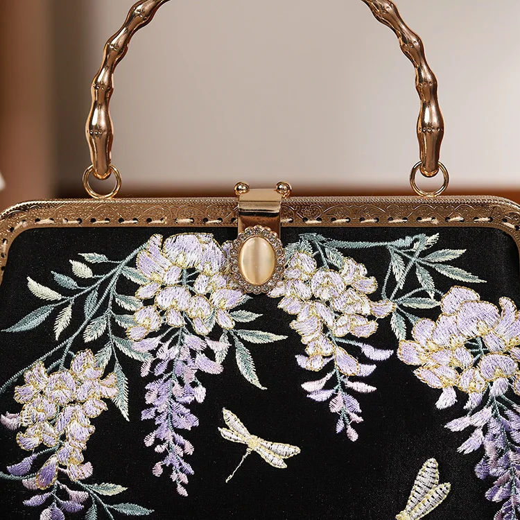 Retro Chic Floral Embroidery Kisslock Handbag Victorian Rococo Edwardian Baroque Cottagecore Vintage Evening Prom Side Sling Bag