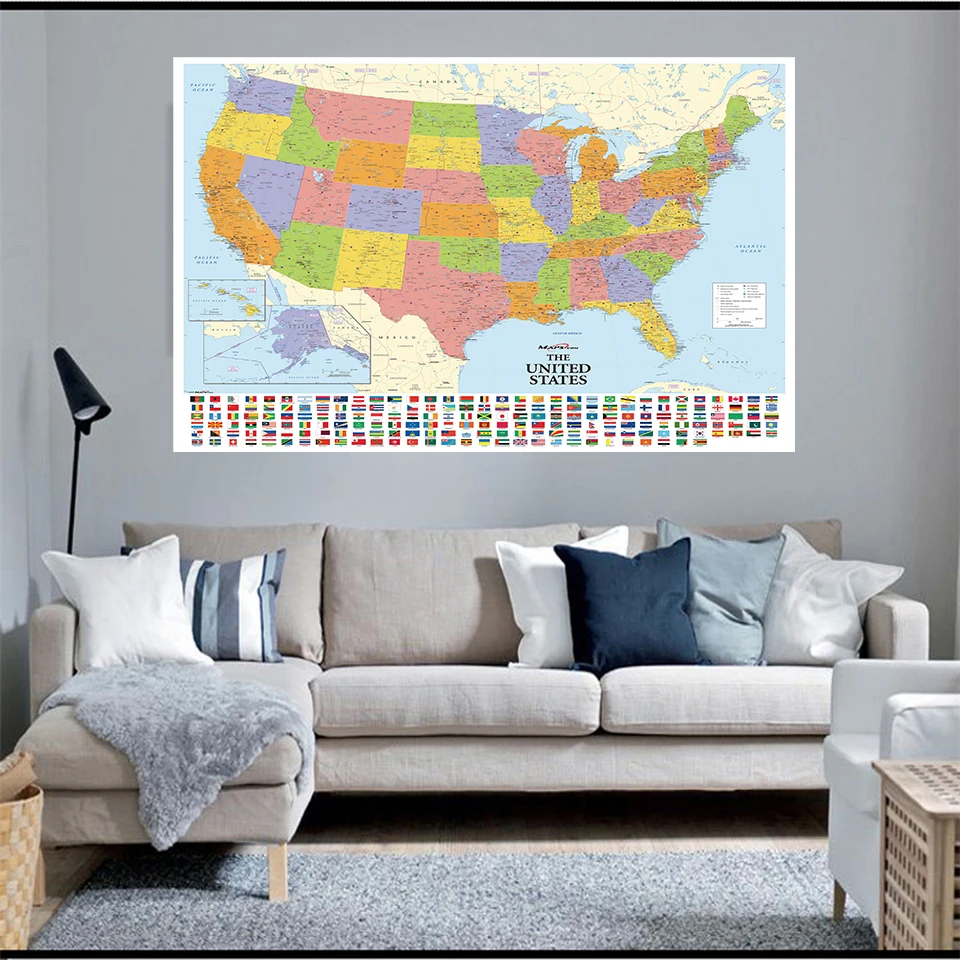 Mapa de los Estados Unidos con Bandera de País detallada, 225x150cm, lienzo no tejido, pintura, decoración del hogar, suministros escolares