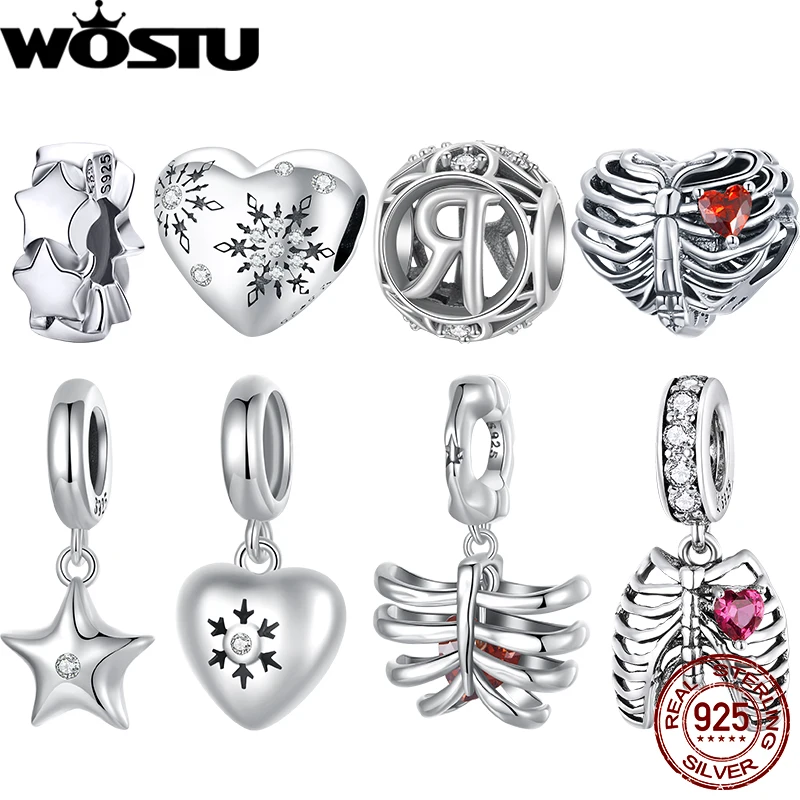 WOSTU Original 925 Sterling Silver Dark Rib Pendant Hollowed Heart Snowflake Skull Beads Fit for Women Neacklace Chain DIY Gift