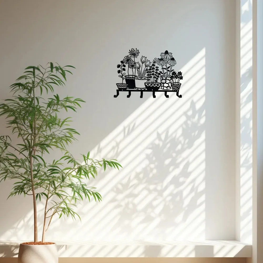 Soporte de Metal para colgar en la pared, colgador de llaves de florero negro, colgador de abrigo con 6 ganchos, arte de hierro, Adhesivo de pared, 1 unidad