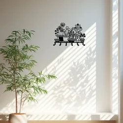 1pc Metal Wall Mounted Hanging Holder, Black Flower Vase Key Holder, Coat Hanger With 6 Hooks key hanger,Iron Art, Wall Sticker