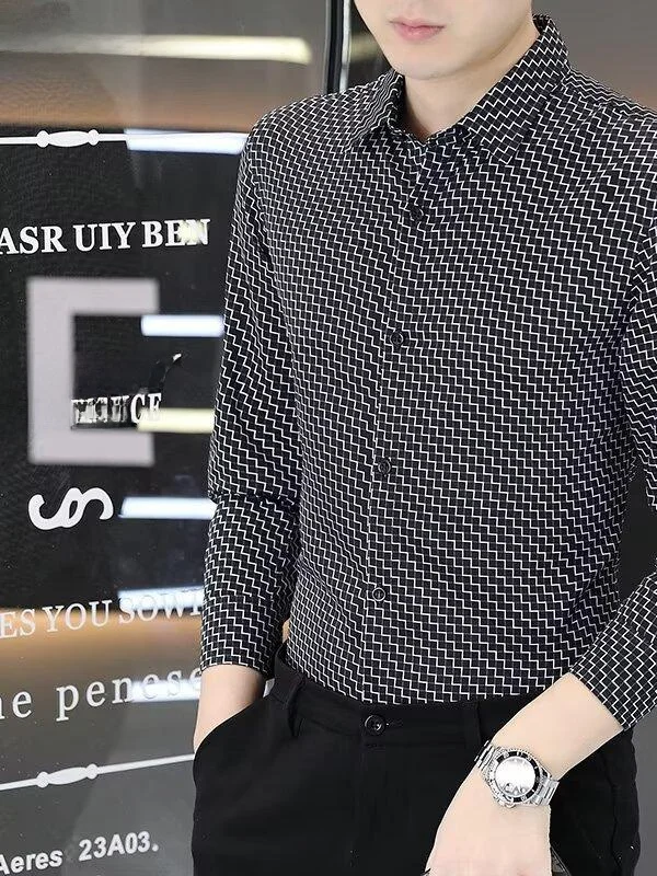 

Long Sve Men's irt Anti-Wrinkle Spring Plaid Casual Busin Slim Fit Printed irt Elastic Stretch Spring Faion