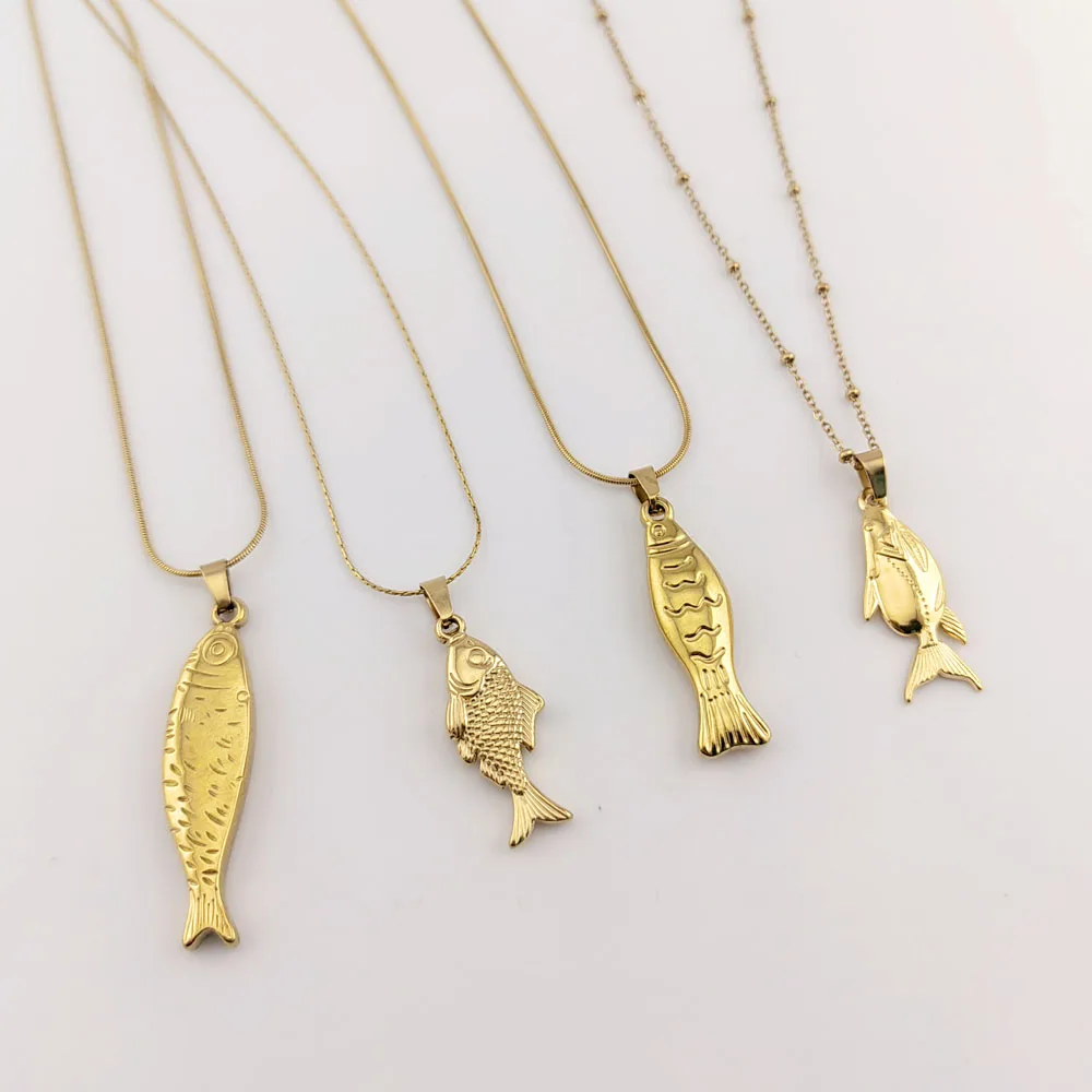 

2025 Summer Women Jewelry Gold Color Stainless Steel Fish Pendant New in Fish Necklace 16 Inch