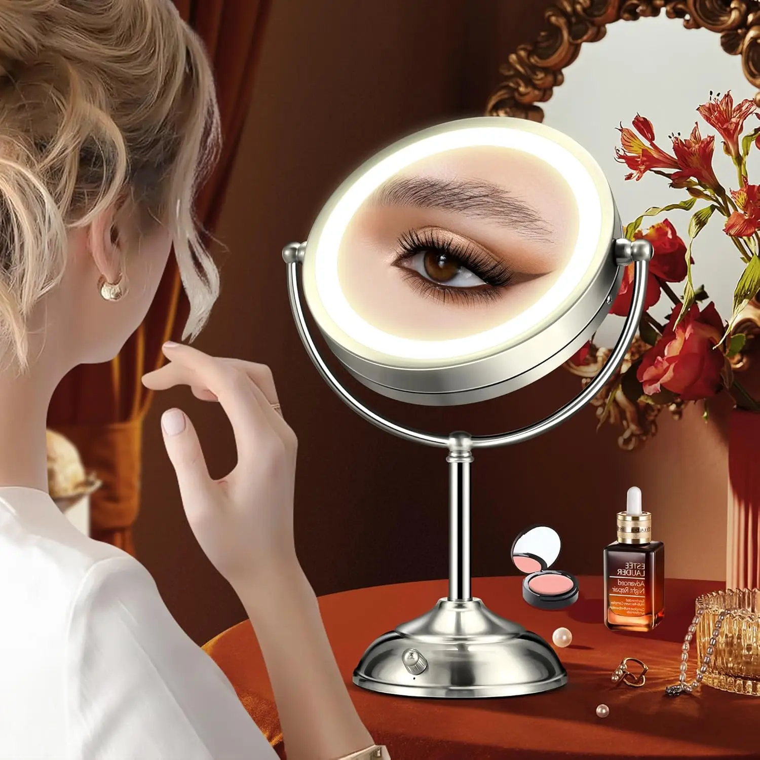 20X Large Lighted Makeup Mirror, Rechargeable 8.6"" Magnifying Makeup Mirror, 30-Minute Timer,3 Color Modes, Adjustable