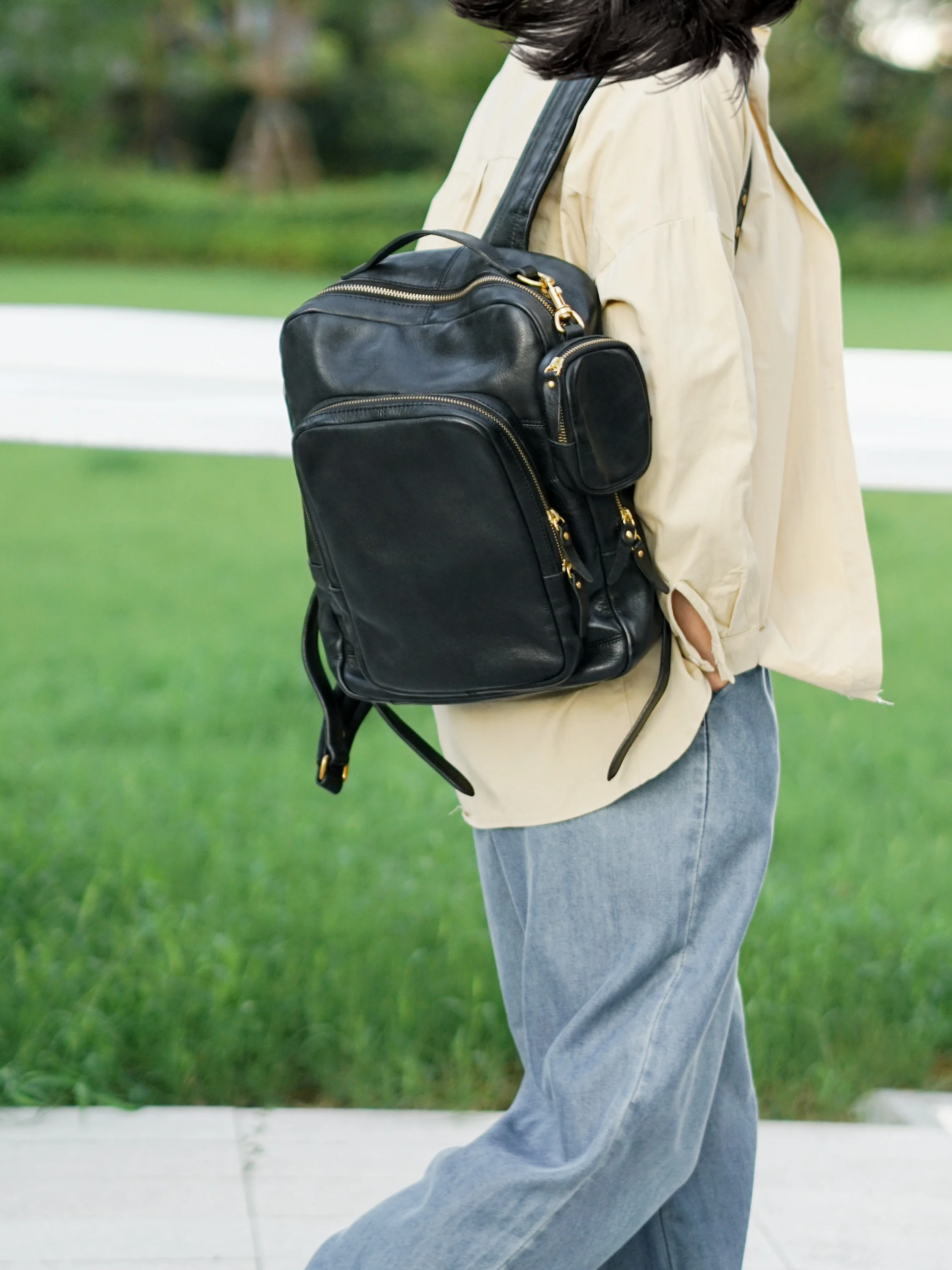 

PNDME fashion high quality first layer cowhide men's women's backpack outdoor travel work genuine leather black laptop bagpack