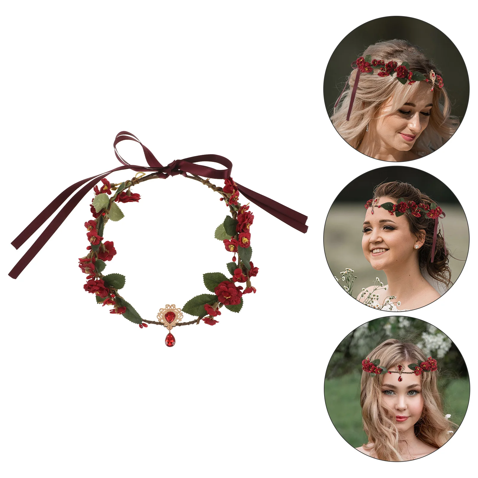 Couronne de fleur rouge pour cosplay de mariée, bandes de sauna, couronnes, guirlandes florales, pièces de sauna, couronnes de cheveux d'elfe, coiffure de mariage