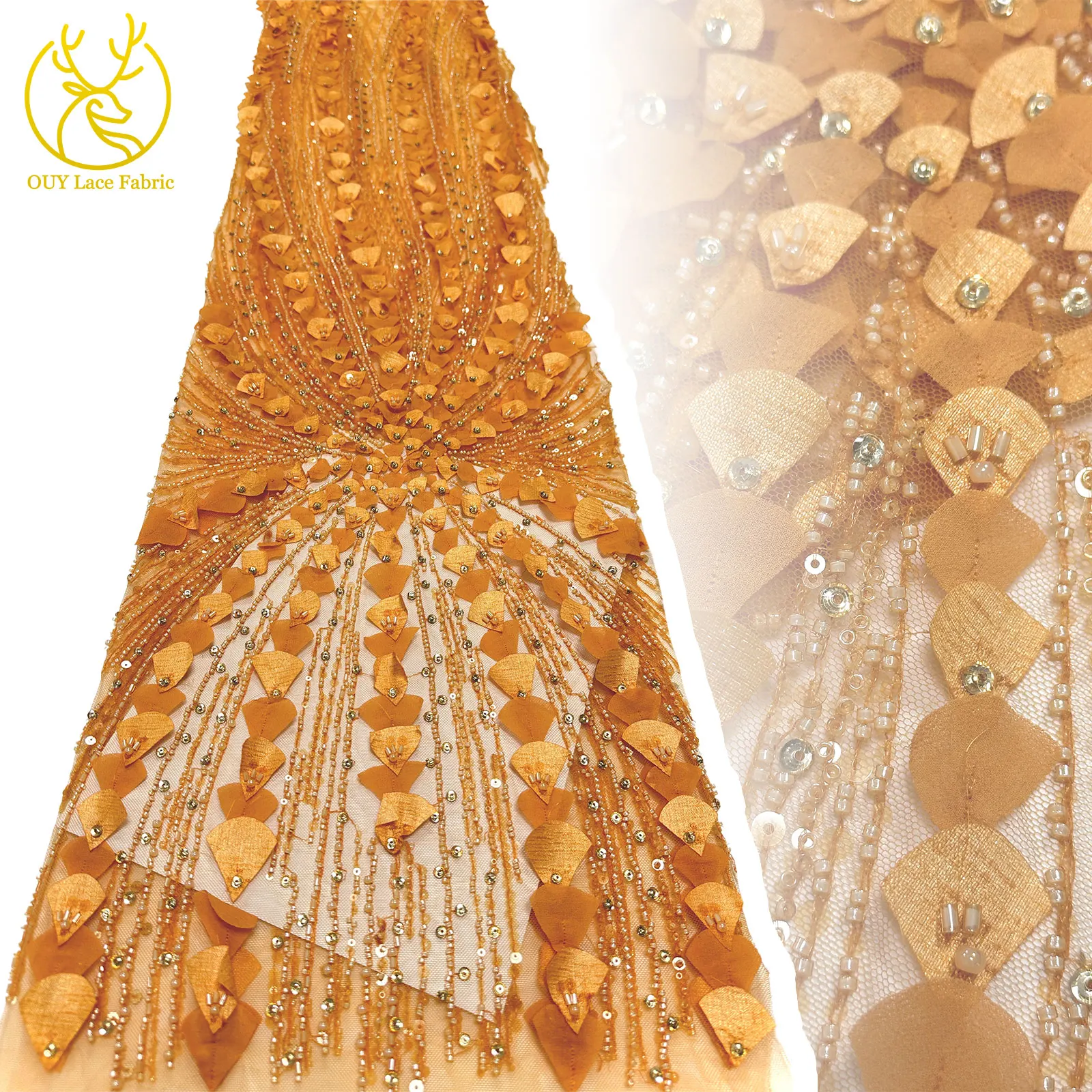 

Luxury 3D French Sequins Lace Tulle Fabric 2025 African Beaded Embroidery Lace Fabric for Women's Wedding Evening Gown Material