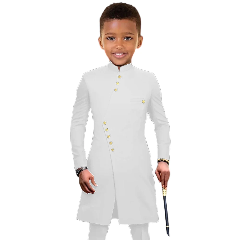 Black Suit for Boys Wedding Tuxedo Indian Style Stand Collar 2 Pieces Long Jacket Kids Fashion Party Dress Child Clothes