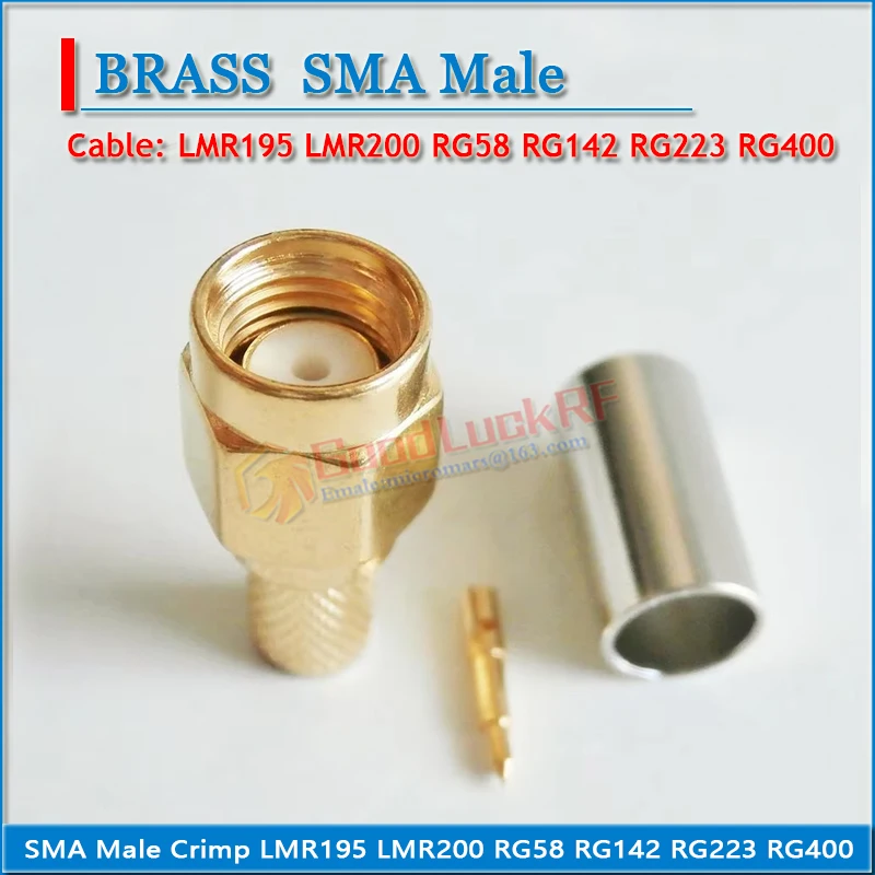 1X Pcs High-quality RF Coax Connector Socket SMA Male Jack Crimp for LMR195 RG58 RG142 RG223 RG400 Cable Plug Gold Coaxial