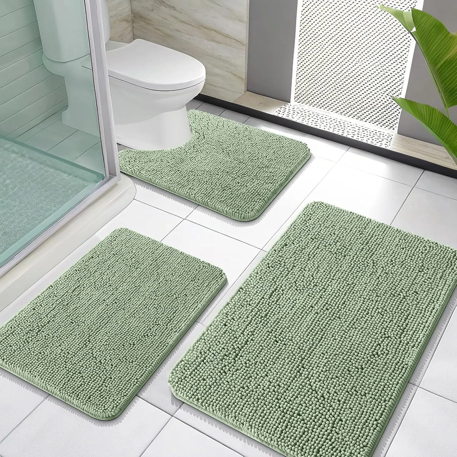 

Soft Absorbent Chenille Bath Mats Set, Quick Dry U-Shaped Toilet Rug, Sage Green Home Decor Accessories
