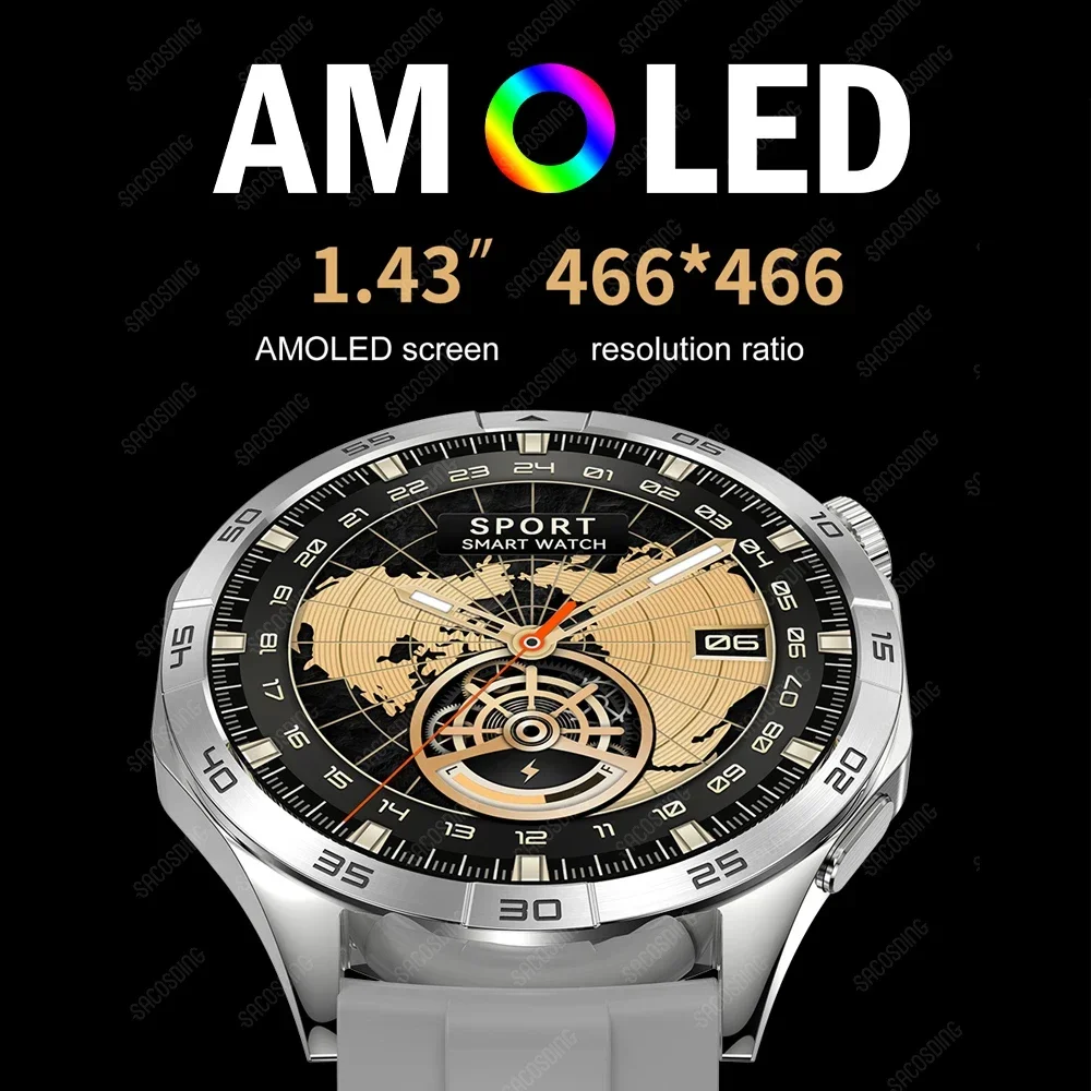 2024นาฬิกาอัจฉริยะสุดหรูสำหรับผู้ชาย AMOLED 466*466หน้าจอ HD GPS ติดตามวิถี NFC บลูทูธโทรหาผู้ชายนาฬิกาอัจฉริยะสำหรับ Huawei Xiaomi