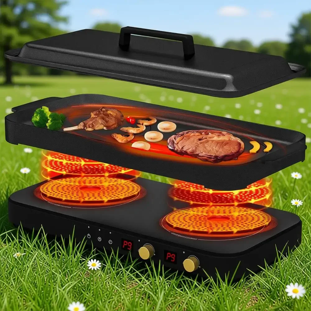 

Dual-Burner Induction Cooktop with Removable Cast Iron Griddle, 1800W, Non-stick, Child Lock & Timer, Ideal for Family Gathering