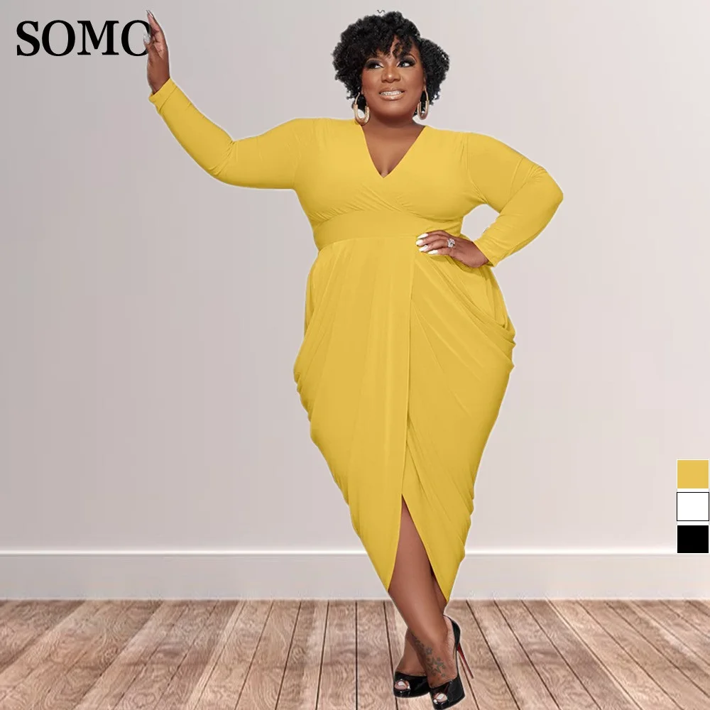 

SOMO Autumn Plus Size Women Clothing Sexy V Neck Long Dress Solid Color Fashion Pleated Ladides Dresses Wholesale Dropshipping
