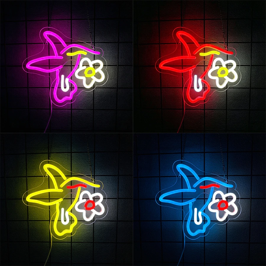 Hummingbird Flower Led Neon Sign, Used For Wall Decor, Room Home Office Coffee Shop Game Room Flower Shop Sign, Girl Party Gift.