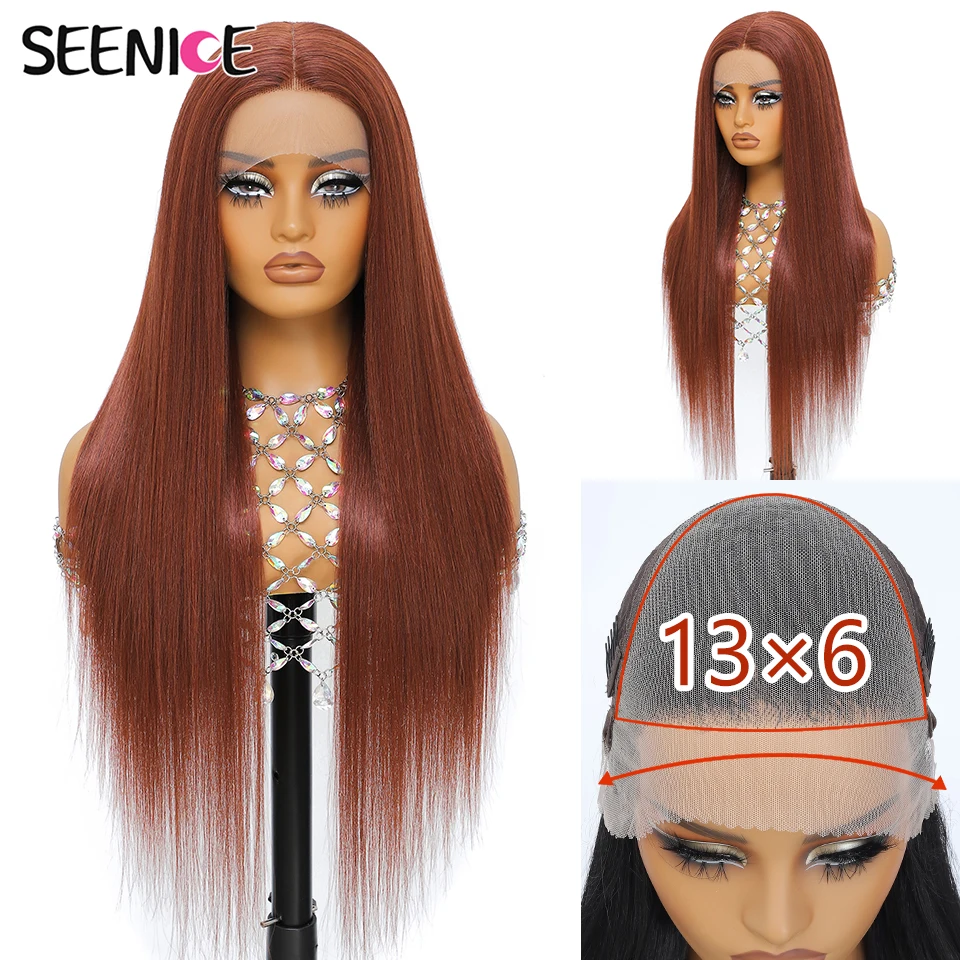 

30 Inch Silky Straight Copper Lace Frontal Wigs 13x6 Super Long Synthetic Wigs For Afro Women Ombre Black Ginger Cosplay Wig