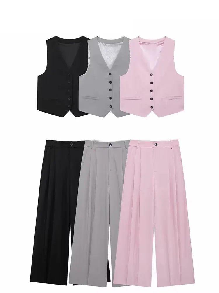 HH Women Solid Pant Sets Adjustable Back Strap Single Breasted V-Neck Vest High Waist Trousers Fashion High Street Outfit