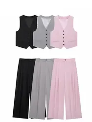 HH Women Solid Pant Sets Adjustable Back Strap Single Breasted V-Neck Vest High Waist Trousers Fashion High Street Outfit