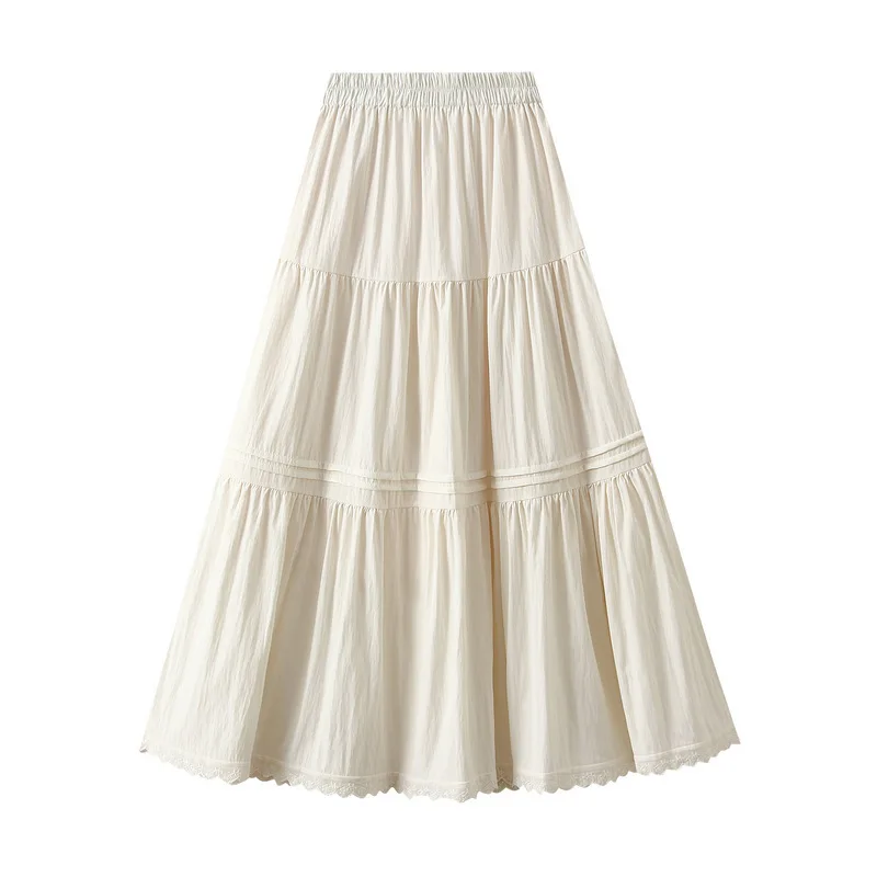 New Arrival 2025 Women's Spring Solid Color Lace Patchwork High Waist Sweet Long Skirt Female A-line Casual High Waist Skirts