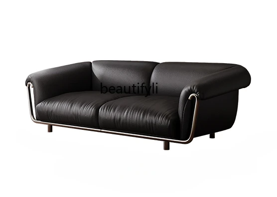 

French Retro Sofa Simple First Layer Cowhide Three-Seat Straight Row Leather Sofa Ancient Style Black living room furniture