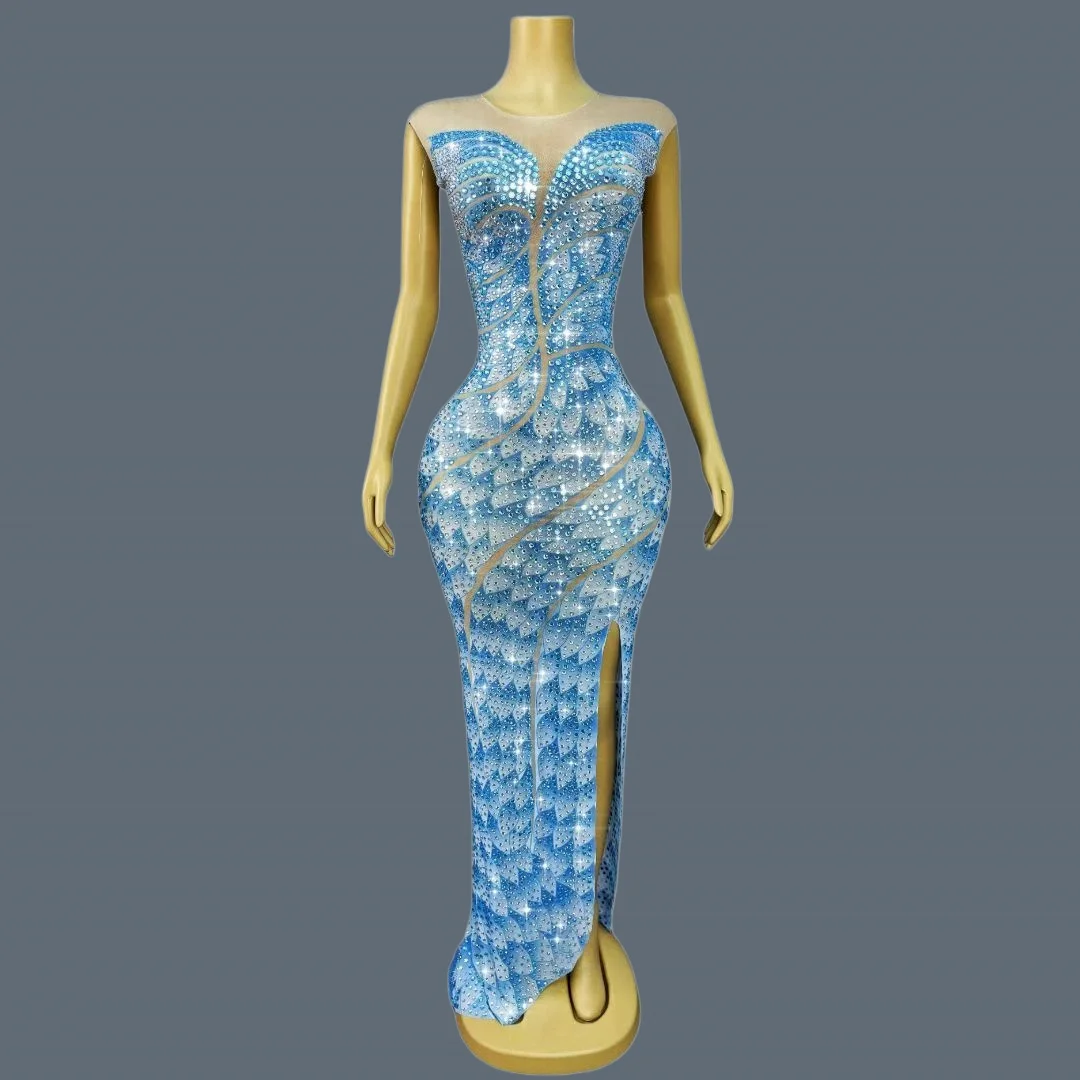 

Luxury Sparkly Full Rhinestone Event Blue Long Dress Elegant Party Celebrate Evening Prom Gown Wedding Formal Long Dress Linyun