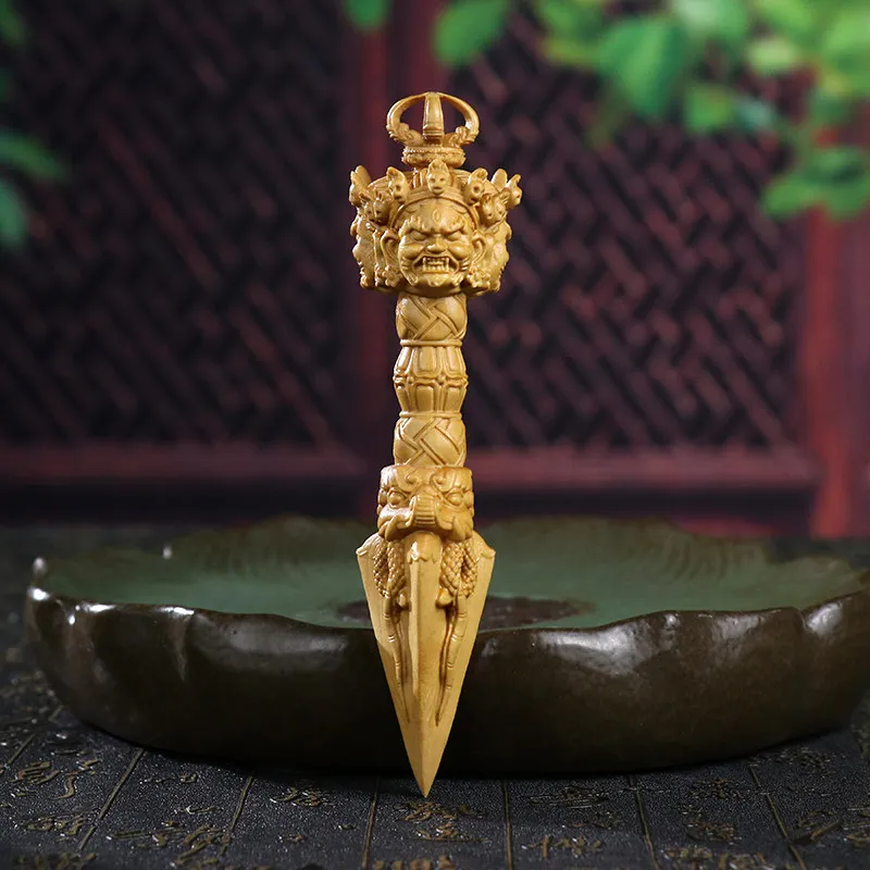 Boxwood Carved Phurba Vajra Pestle Tibetan Ritual Implement Hand Piece Home Desktop Wood-carving Decor Ornament