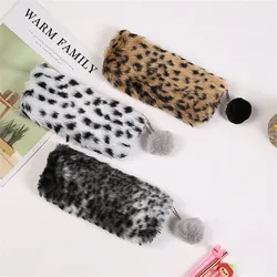 Leopard Plush Pencil Pouch Fashion Ins Pencil Cases Large Capacity Pencil Box Makeup Bag Cosmetic Organizer Pouch Stationery