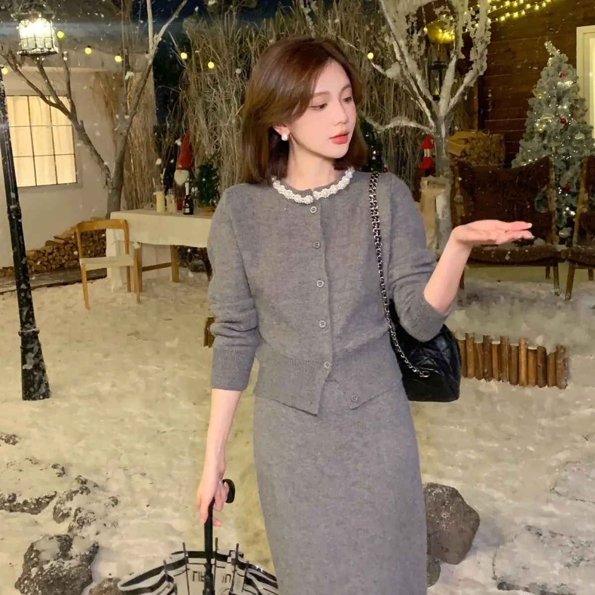 Korejpaa Beaded O Neck Knitted Cardigan Skirt Set Women Autumn Winter Gentle Suit High Waist Bodycon Skirts Two Piece Sets