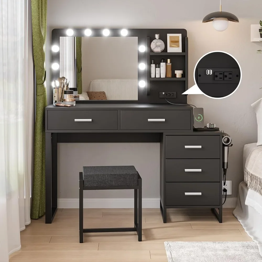 Dressing with Lighted Mirror and Power Strip  with Storage Shelves and Cushioned Stool, 5 Drawers Large Capacity Dressing Table