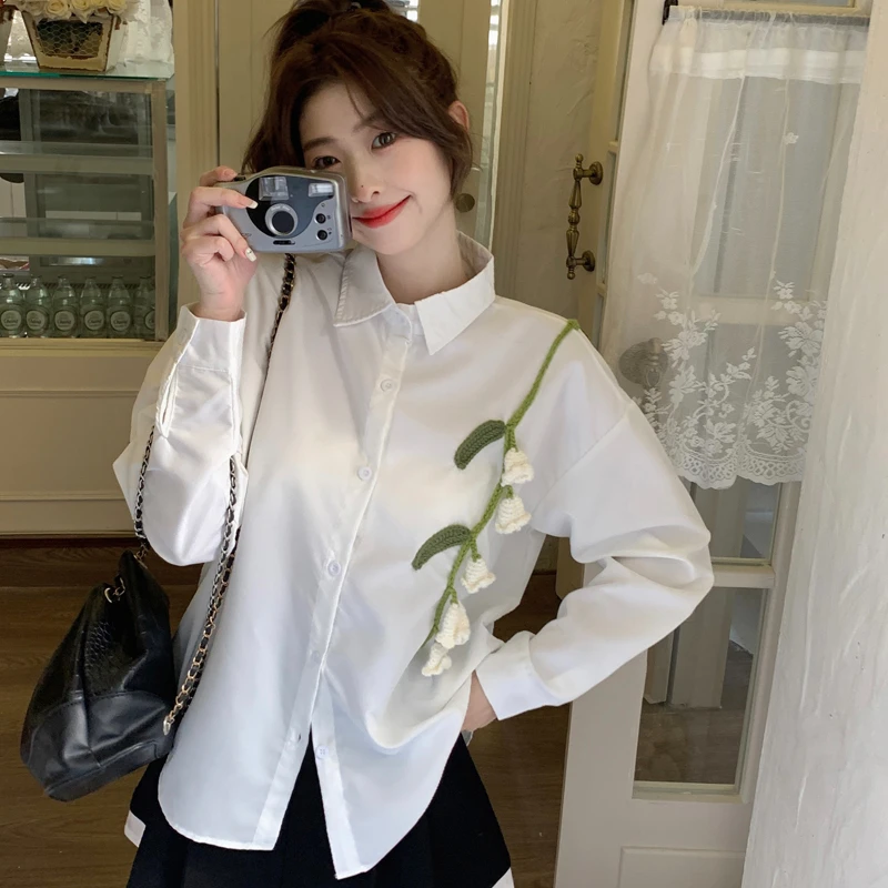 Shirts Women All-match Casual Korean Style Floral Chic Gentle Spring Streetwear Elegant Sweet Long Sleeve Daily Fashion Vintage