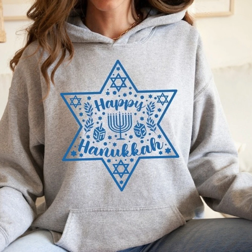 

Толстовка «Счастливая Ханука», Менора, Звезда Давида, еврейский подарок, одежда для мужчин и женщин, модная повседневная повседневная толстовка с капюшоном, праздничная одежда