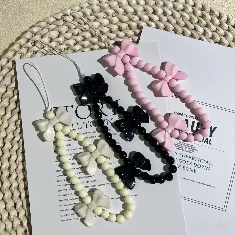 

1pc Charm Bowknot Mobile Phone Chains For Women Girls Telephone Charm Strap Pink Black Acrylic Pearl Beaded Lanyard Jewelry Gift