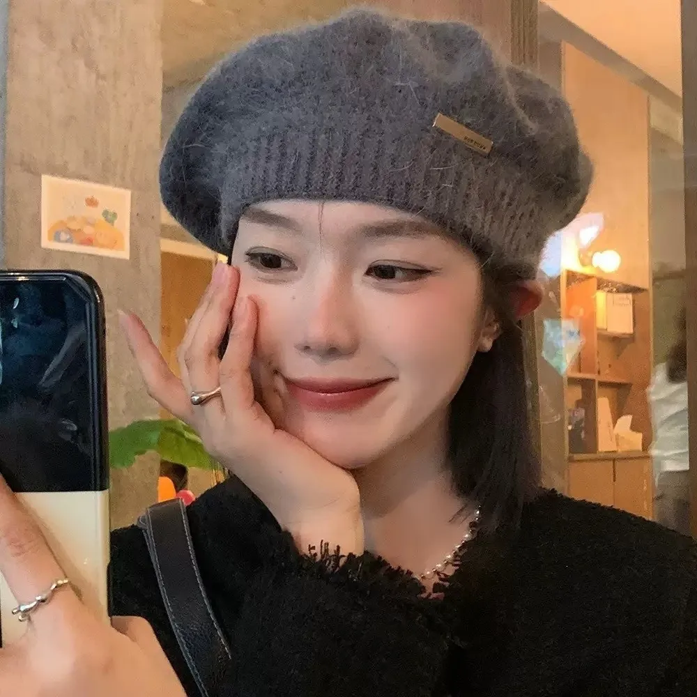 Elegant Warm Woolen Crochet Knitted Hat Solid Color Metal Label Beanie Cap Anti-cold Knit Cap Women Girl